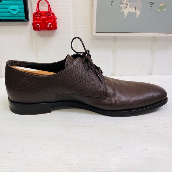 Prada Saffiano Mens Derby Oxford Luxury Leather Brown Lace Ups Size 9.5 - Picture 5 of 15